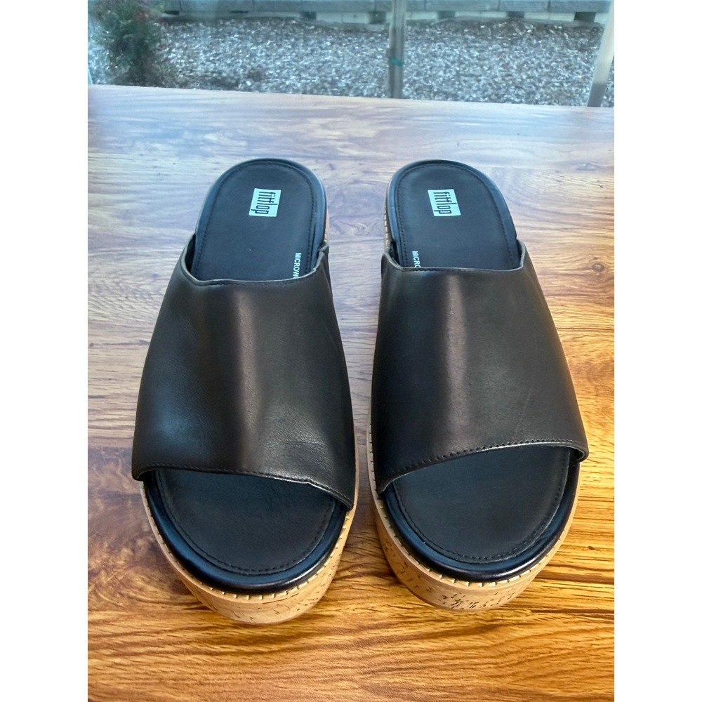 FitFlop Eloise Black Leather Cork Wrap Wedge Slides Women 10